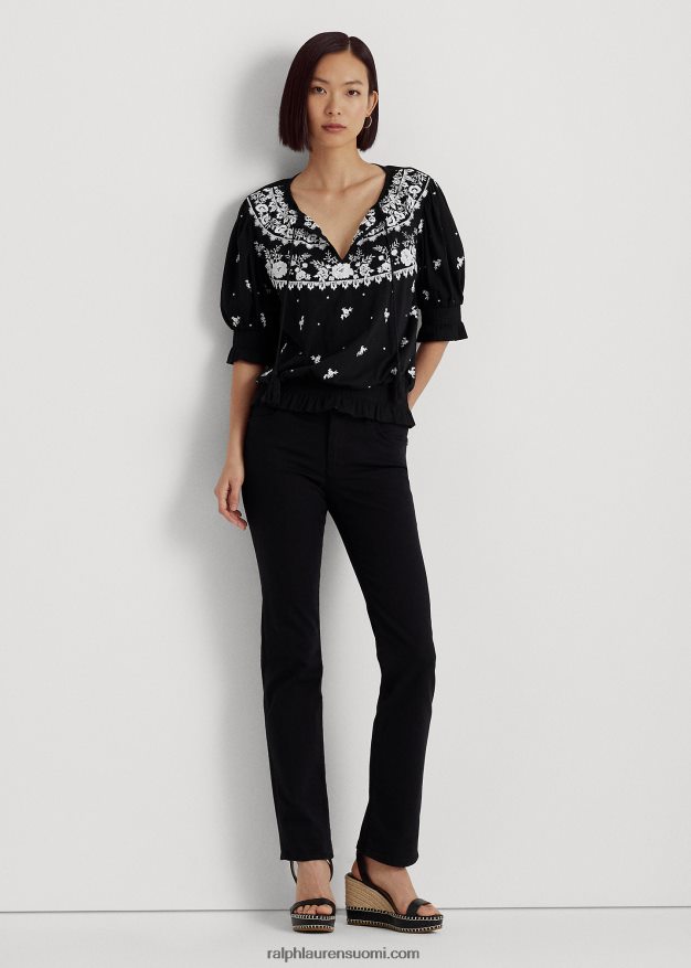 Ralph Lauren naiset brodeerattu jersey-neulepusero 0Z24ZR3867 musta valkoinen