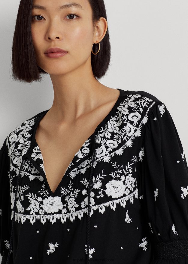 Ralph Lauren naiset brodeerattu jersey-neulepusero 0Z24ZR4320 musta valkoinen