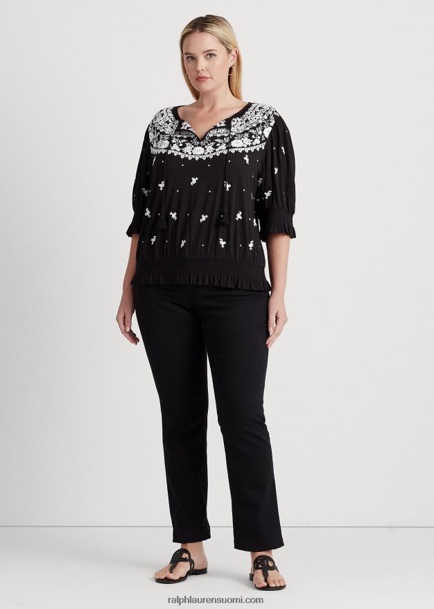 Ralph Lauren naiset brodeerattu jersey-neulepusero 0Z24ZR4540 musta valkoinen