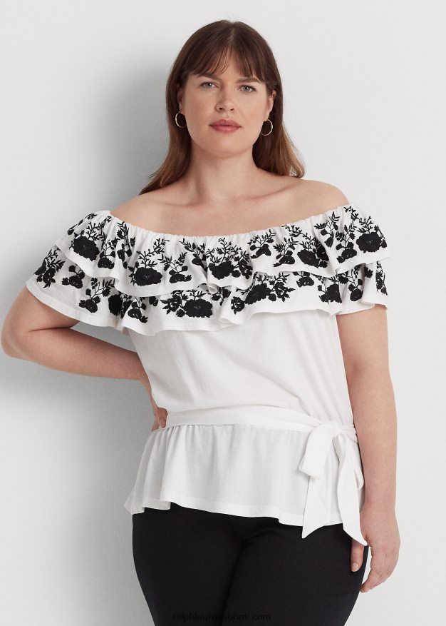 Ralph Lauren naiset brodeerattu jersey-toppi 0Z24ZR4579 valkoinen musta