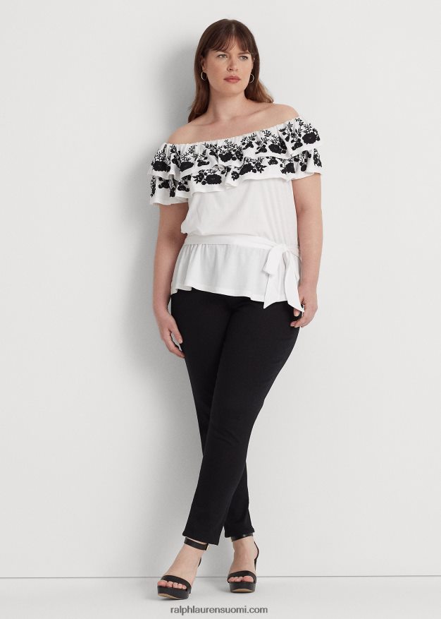 Ralph Lauren naiset brodeerattu jersey-toppi 0Z24ZR4579 valkoinen musta