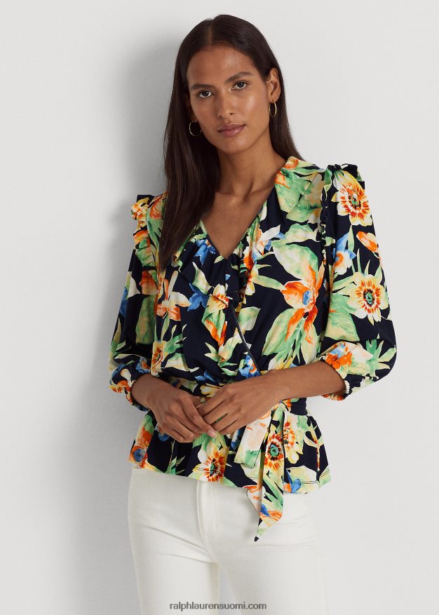 Ralph Lauren naiset kukkainen jerseypeplum-toppi 0Z24ZR9541 laivasto multi