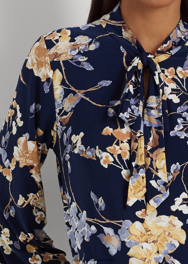 Ralph Lauren naiset kukkainen solmittava pääntie joustava trikoopaita 0Z24ZR3992 laivasto multi