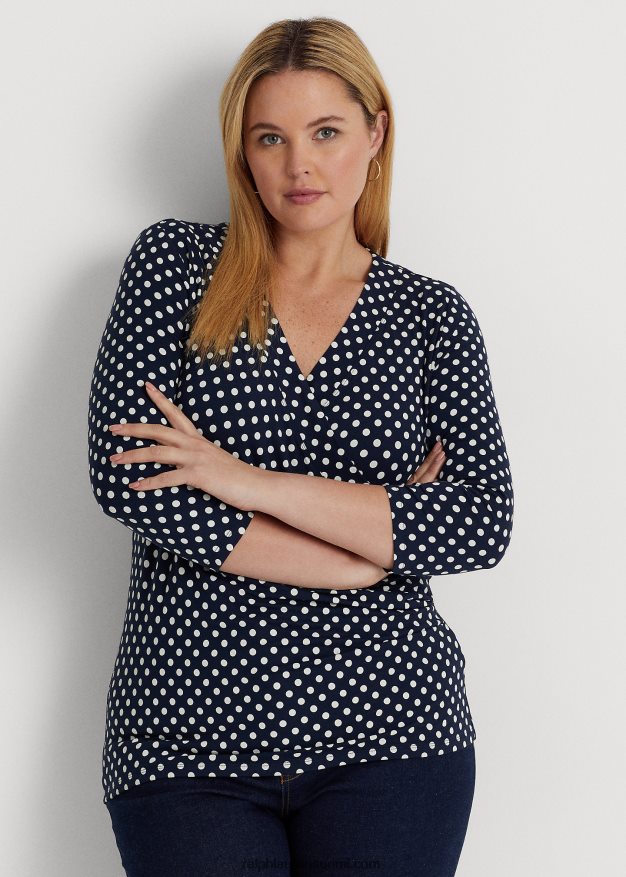 Ralph Lauren naiset pilkullinen jerseytoppi 0Z24ZR4594 laivastonsininen/kerma