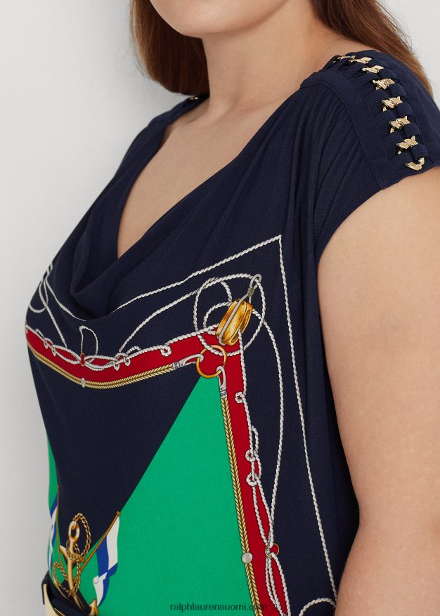 Ralph Lauren naiset print jersey hihaton cowlneck toppi 0Z24ZR4787 laivasto/vihreä multi