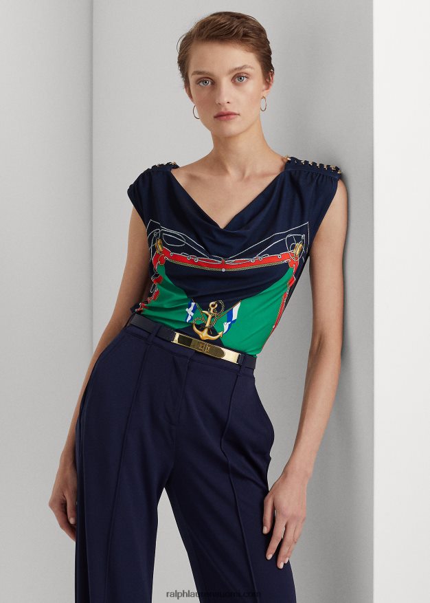 Ralph Lauren naiset print jersey hihaton cowlneck toppi 0Z24ZR4847 laivasto/vihreä multi