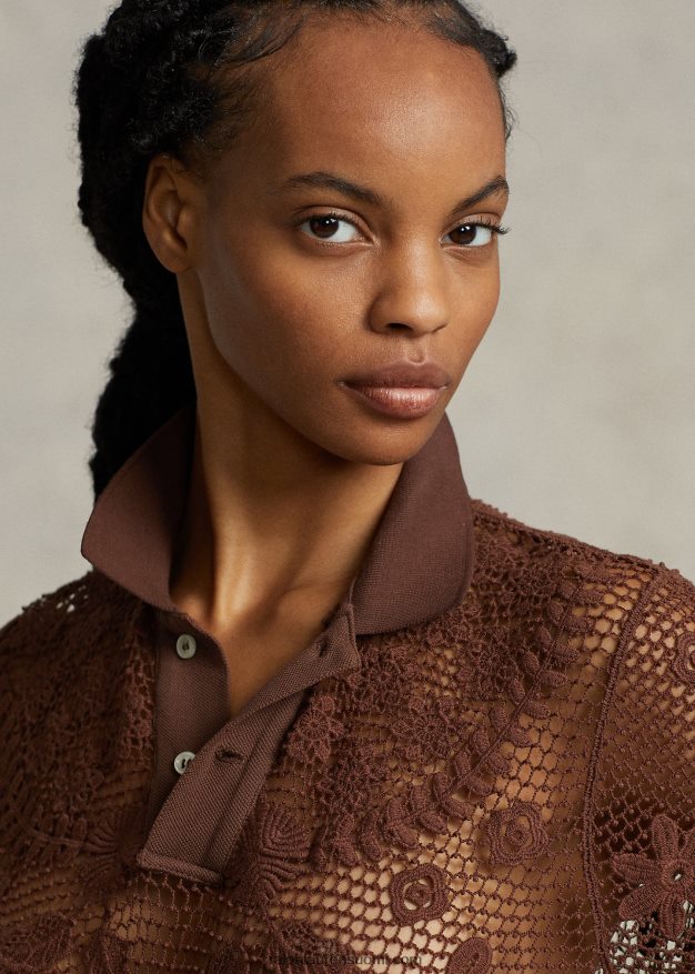 Ralph Lauren naiset kukkainen pitsinen poolopaita 0Z24ZR3206 suklaanruskea