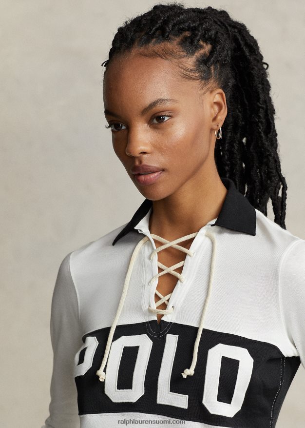 Ralph Lauren naiset logolla sidottu jersey poolopaita 0Z24ZR2985 kannenpesuaine valkoinen