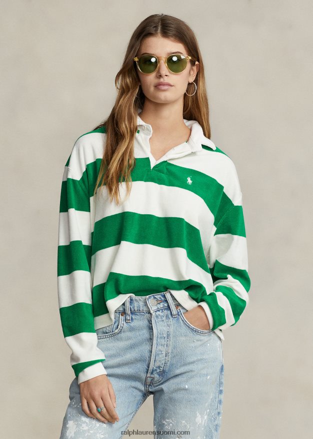 Ralph Lauren naiset raidallinen rajattu jersey-rugbypaita 0Z24ZR2935 biljardi/kansipesuaine valkoinen