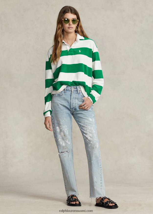 Ralph Lauren naiset raidallinen rajattu jersey-rugbypaita 0Z24ZR2935 biljardi/kansipesuaine valkoinen