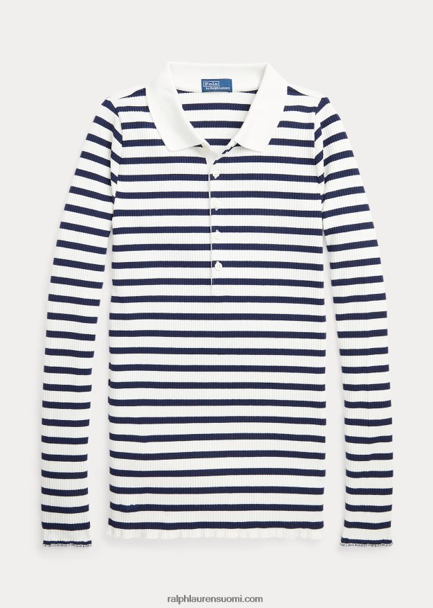 Ralph Lauren naiset raidallinen resori pitkähihainen poolopaita 0Z24ZR3074 hienostunut laivasto/valkoinen