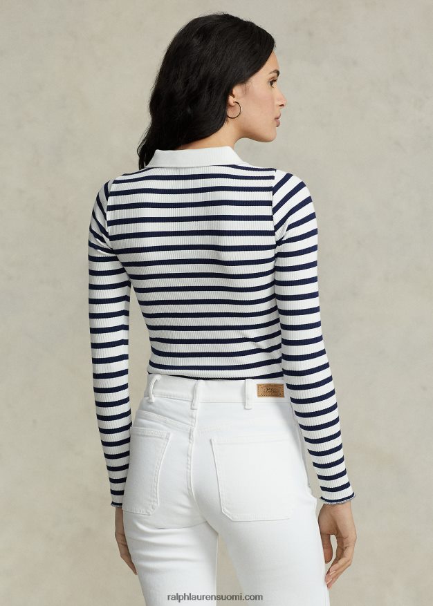 Ralph Lauren naiset raidallinen resori pitkähihainen poolopaita 0Z24ZR3074 hienostunut laivasto/valkoinen