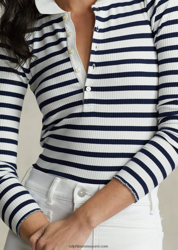 Ralph Lauren naiset raidallinen resori pitkähihainen poolopaita 0Z24ZR3074 hienostunut laivasto/valkoinen