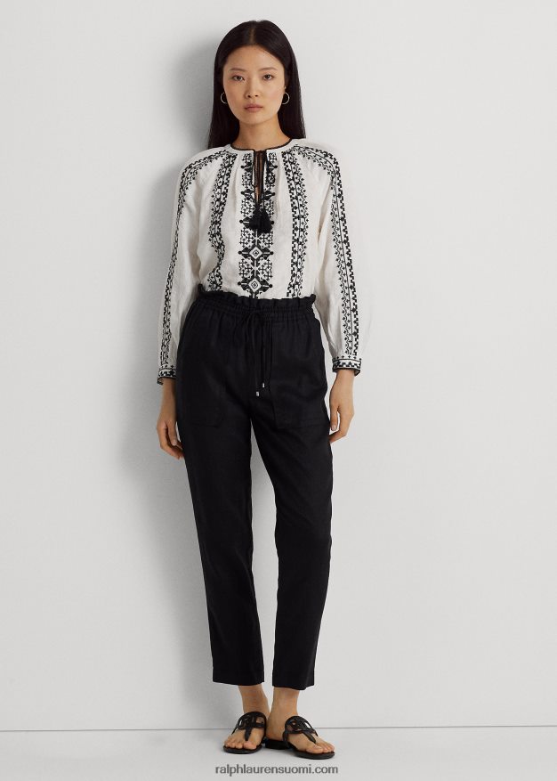 Ralph Lauren naiset kirjailtu pellavapusero 0Z24ZR3869 valkoinen musta