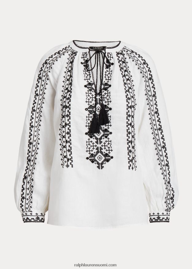 Ralph Lauren naiset kirjailtu pellavapusero 0Z24ZR4318 valkoinen musta