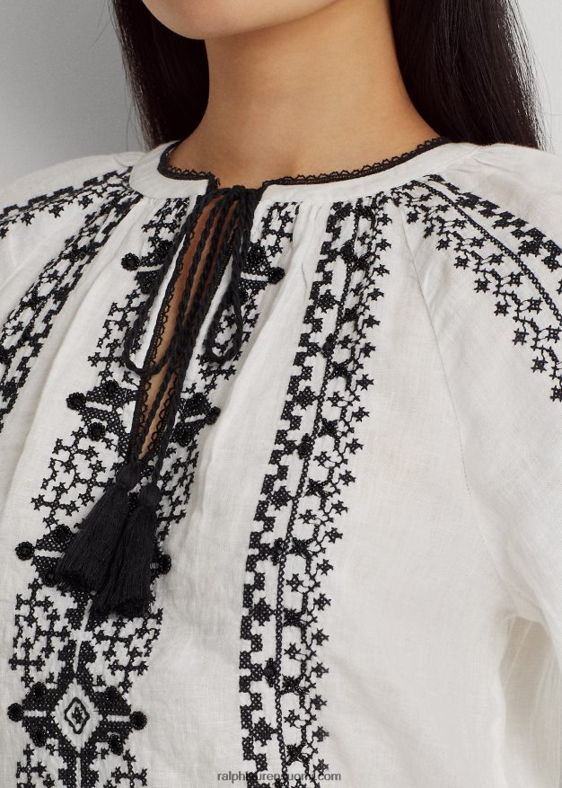 Ralph Lauren naiset kirjailtu pellavapusero 0Z24ZR4318 valkoinen musta