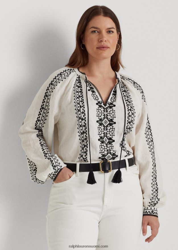 Ralph Lauren naiset kirjailtu pellavapusero 0Z24ZR4561 valkoinen musta
