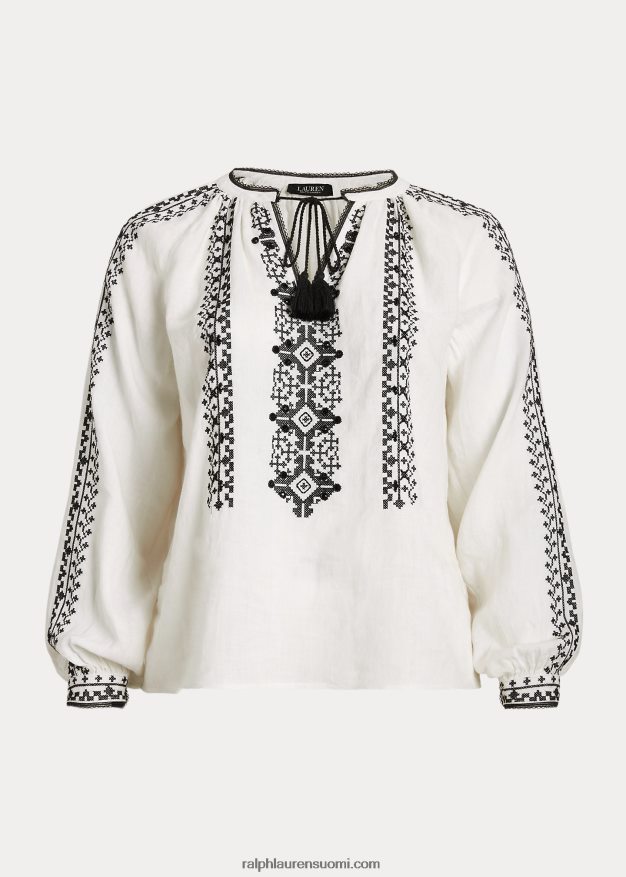 Ralph Lauren naiset kirjailtu pellavapusero 0Z24ZR4561 valkoinen musta