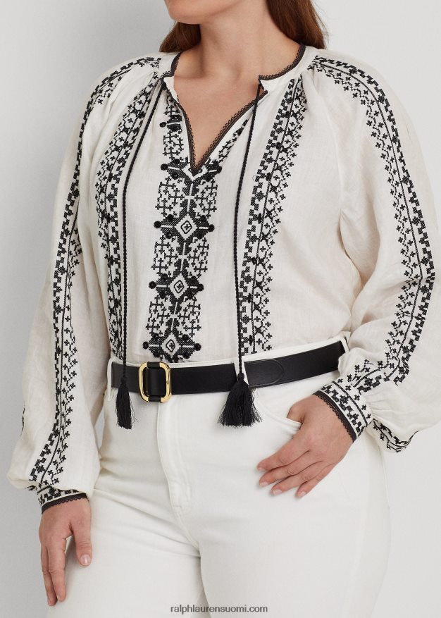 Ralph Lauren naiset kirjailtu pellavapusero 0Z24ZR4561 valkoinen musta