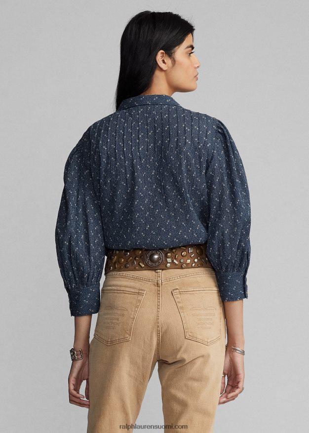 Ralph Lauren naiset kukkainen rypistetty puuvillavoilepusero 0Z24ZR3652 sininen