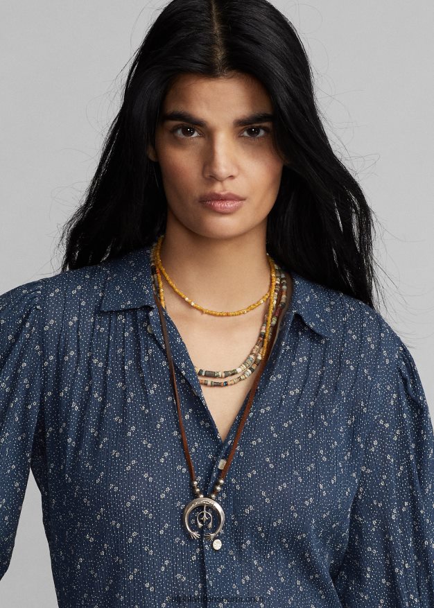 Ralph Lauren naiset kukkainen rypistetty puuvillavoilepusero 0Z24ZR3652 sininen