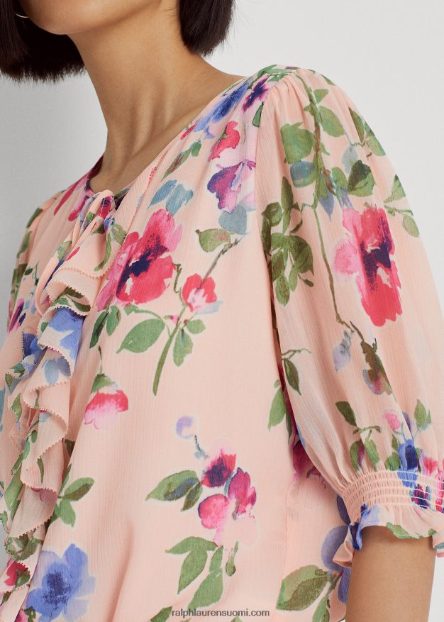 Ralph Lauren naiset kukkainen ryppyinen Georgette-pusero 0Z24ZR4377 pinkki multi
