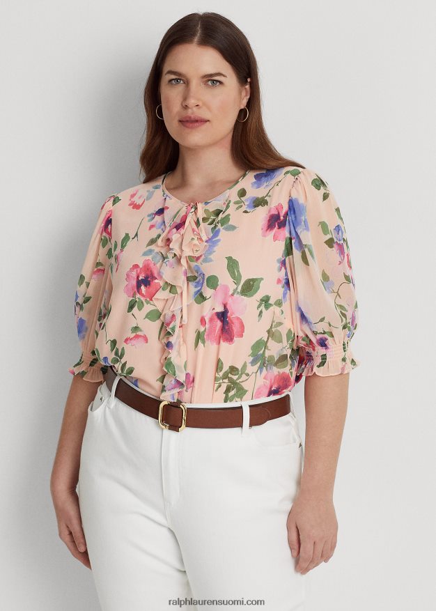 Ralph Lauren naiset kukkainen ryppyinen Georgette-pusero 0Z24ZR4697 pinkki multi