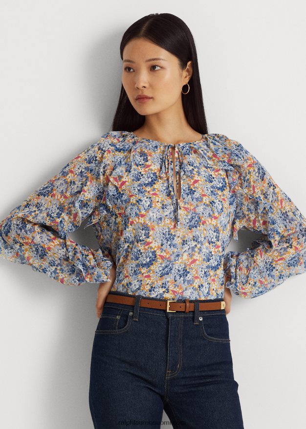 Ralph Lauren naiset kukkainen ryppyinen georgette solmittava kaulapusero 0Z24ZR3984 sininen/vaaleanpunainen multi