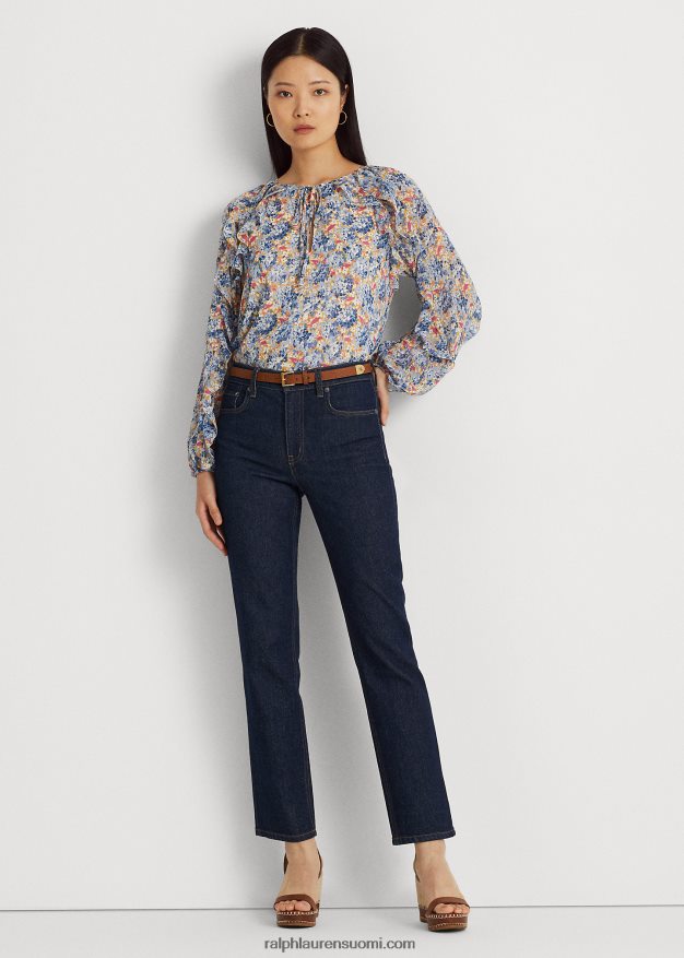 Ralph Lauren naiset kukkainen ryppyinen georgette solmittava kaulapusero 0Z24ZR3984 sininen/vaaleanpunainen multi