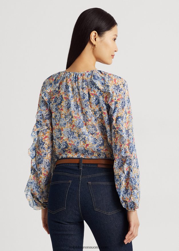 Ralph Lauren naiset kukkainen ryppyinen georgette solmittava kaulapusero 0Z24ZR3984 sininen/vaaleanpunainen multi