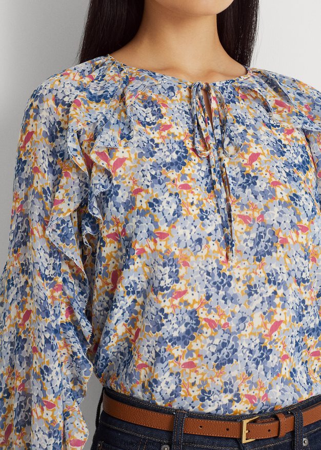 Ralph Lauren naiset kukkainen ryppyinen georgette solmittava kaulapusero 0Z24ZR3984 sininen/vaaleanpunainen multi