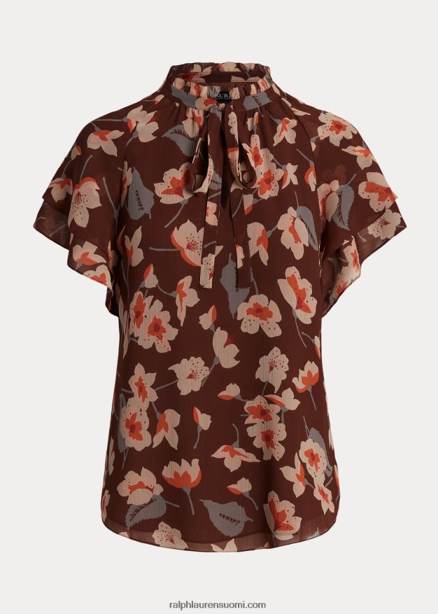 Ralph Lauren naiset kukkainen ryppyinen georgette solmittava kaulapusero 0Z24ZR4288 kastanjanruskea/oranssi/kerma
