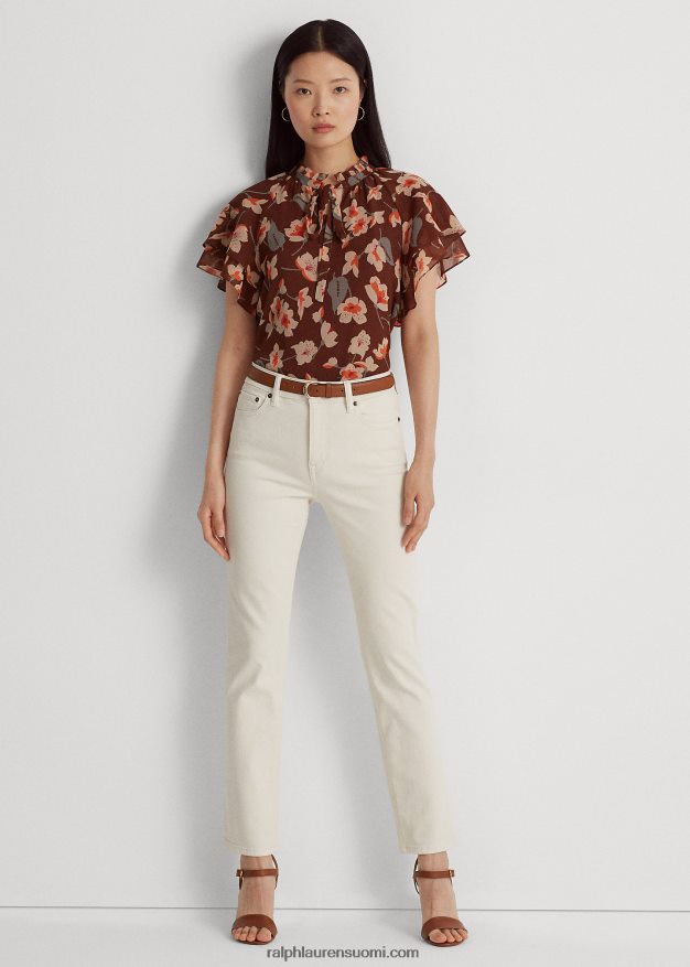 Ralph Lauren naiset kukkainen ryppyinen georgette solmittava kaulapusero 0Z24ZR4288 kastanjanruskea/oranssi/kerma