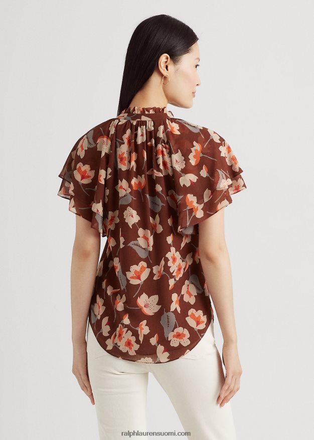 Ralph Lauren naiset kukkainen ryppyinen georgette solmittava kaulapusero 0Z24ZR4288 kastanjanruskea/oranssi/kerma