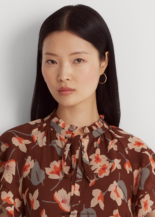 Ralph Lauren naiset kukkainen ryppyinen georgette solmittava kaulapusero 0Z24ZR4288 kastanjanruskea/oranssi/kerma