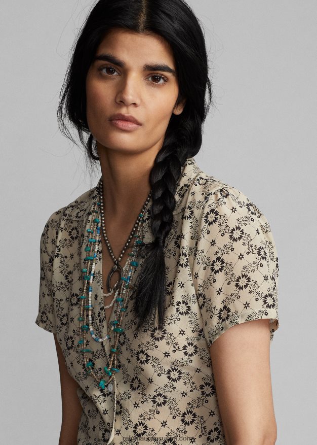 Ralph Lauren naiset kukkainen silkkikreppipusero 0Z24ZR3627 ekru/musta