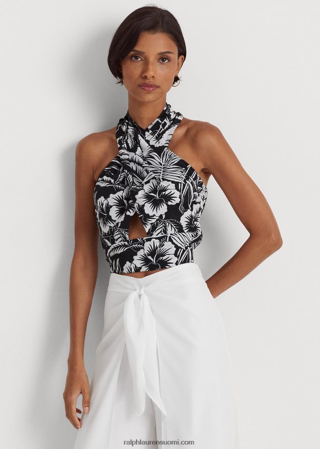 Ralph Lauren naiset kukkakreppileikkaus riimupusero 0Z24ZR3871 musta valkoinen