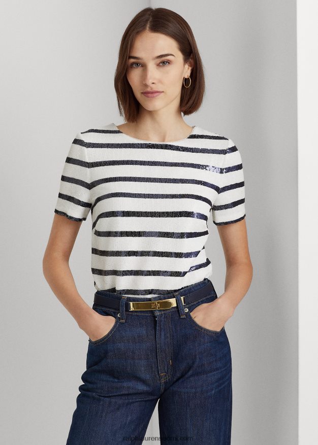 Ralph Lauren naiset raidallinen paljetoitu lyhythihainen pusero 0Z24ZR4846 valkoinen/puhdistettu laivasto