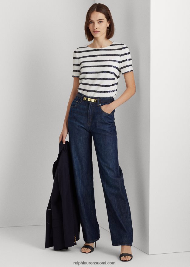 Ralph Lauren naiset raidallinen paljetoitu lyhythihainen pusero 0Z24ZR4846 valkoinen/puhdistettu laivasto