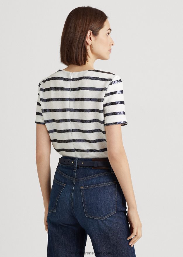 Ralph Lauren naiset raidallinen paljetoitu lyhythihainen pusero 0Z24ZR4846 valkoinen/puhdistettu laivasto