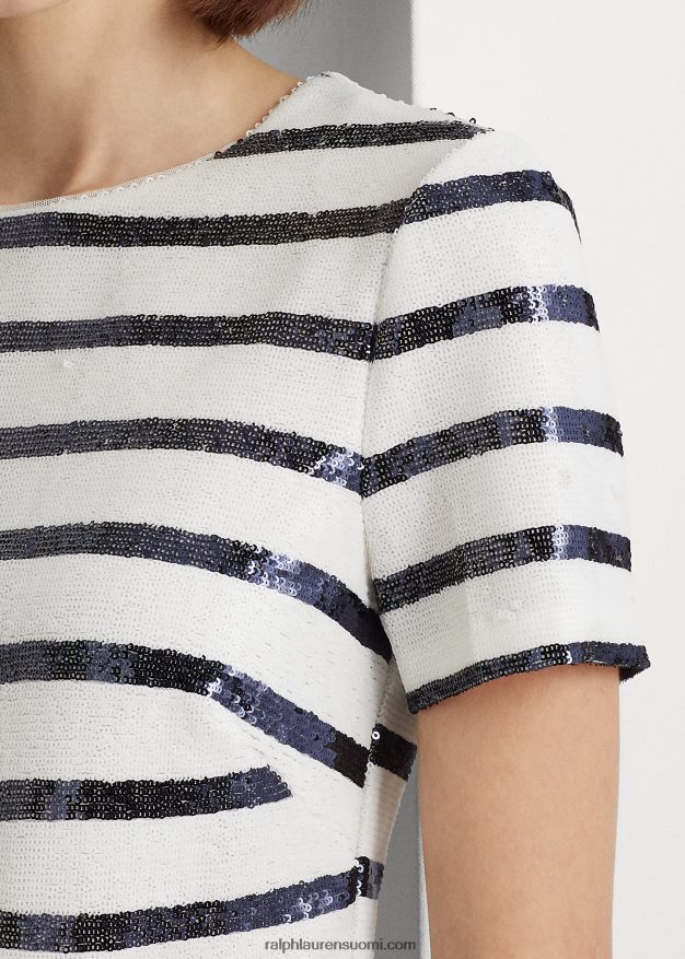 Ralph Lauren naiset raidallinen paljetoitu lyhythihainen pusero 0Z24ZR4846 valkoinen/puhdistettu laivasto
