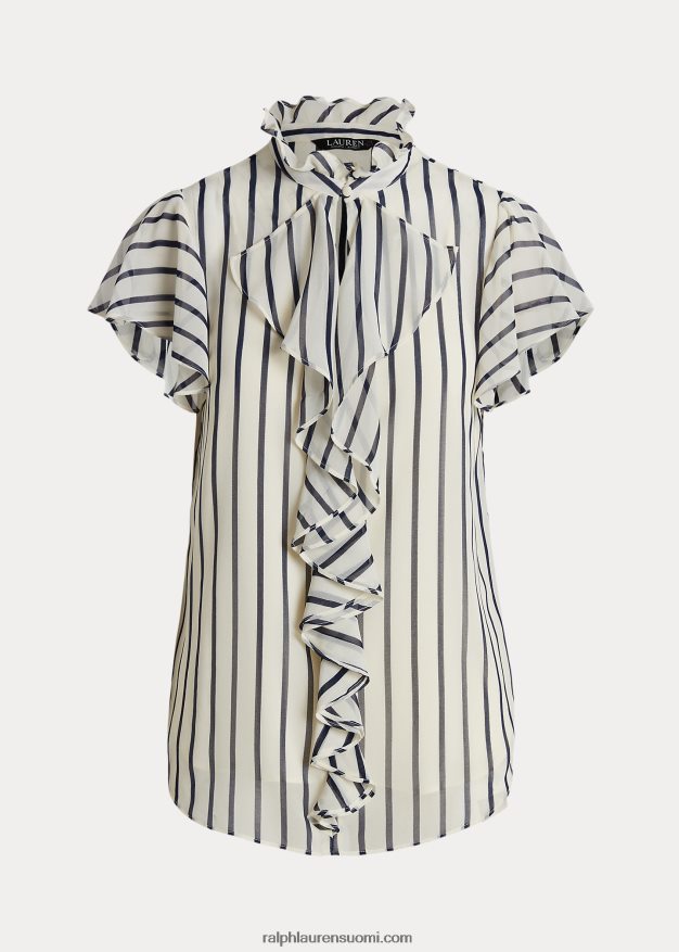 Ralph Lauren naiset raidallinen röyhelöinen sifonkipusero 0Z24ZR3993 pergamentti kerma/laivasto