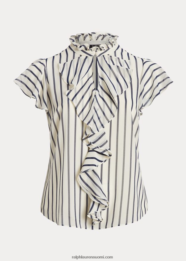 Ralph Lauren naiset raidallinen röyhelöinen sifonkipusero 0Z24ZR4655 pergamentti kerma/laivasto