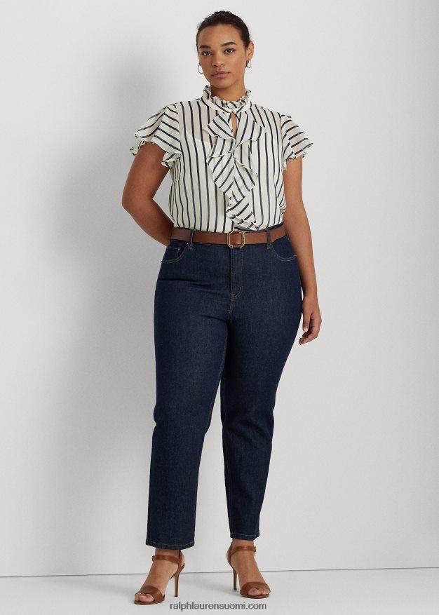 Ralph Lauren naiset raidallinen röyhelöinen sifonkipusero 0Z24ZR4655 pergamentti kerma/laivasto