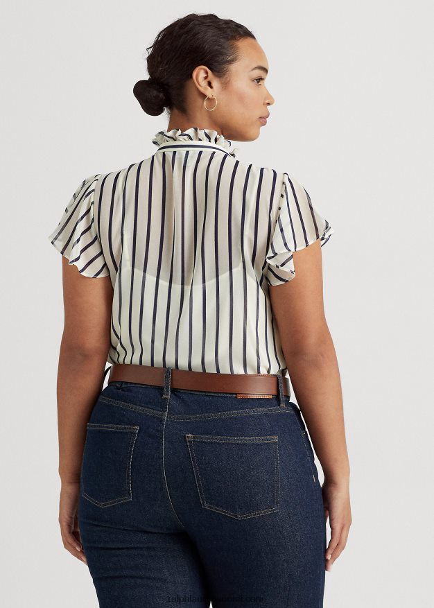 Ralph Lauren naiset raidallinen röyhelöinen sifonkipusero 0Z24ZR4655 pergamentti kerma/laivasto