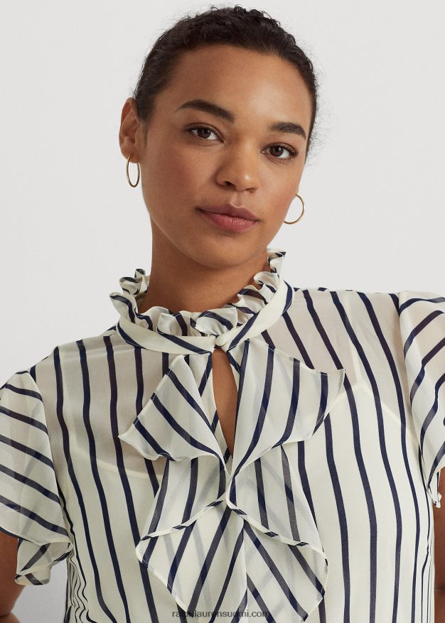 Ralph Lauren naiset raidallinen röyhelöinen sifonkipusero 0Z24ZR4655 pergamentti kerma/laivasto