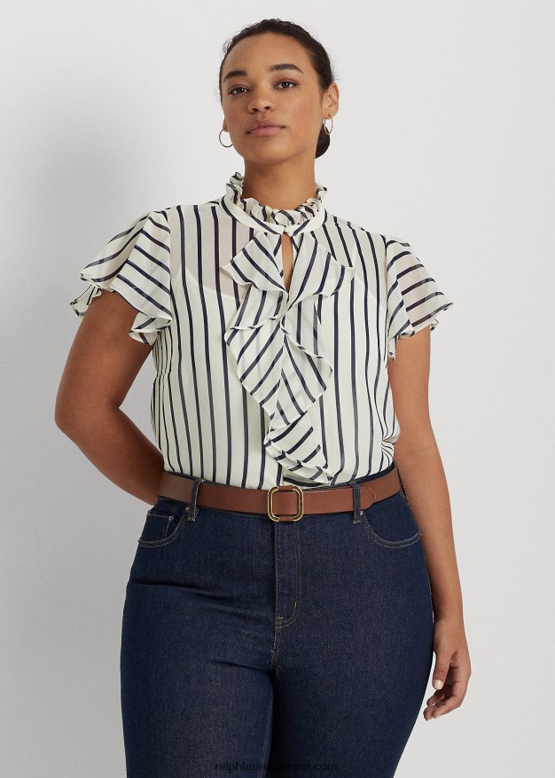 Ralph Lauren naiset raidallinen röyhelöinen sifonkipusero 0Z24ZR4655 pergamentti kerma/laivasto