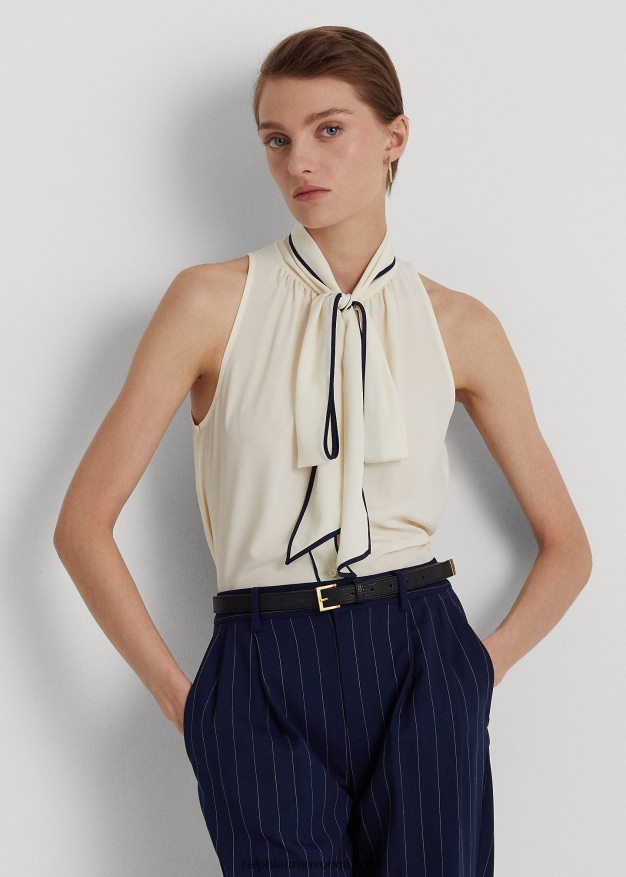 Ralph Lauren naiset sidottu kaula-aukkoinen kreppihihaton pusero 0Z24ZR4068 mascarpone kerma/laivasto