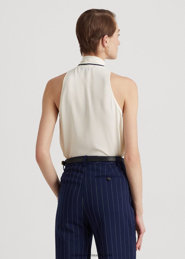 Ralph Lauren naiset sidottu kaula-aukkoinen kreppihihaton pusero 0Z24ZR4068 mascarpone kerma/laivasto