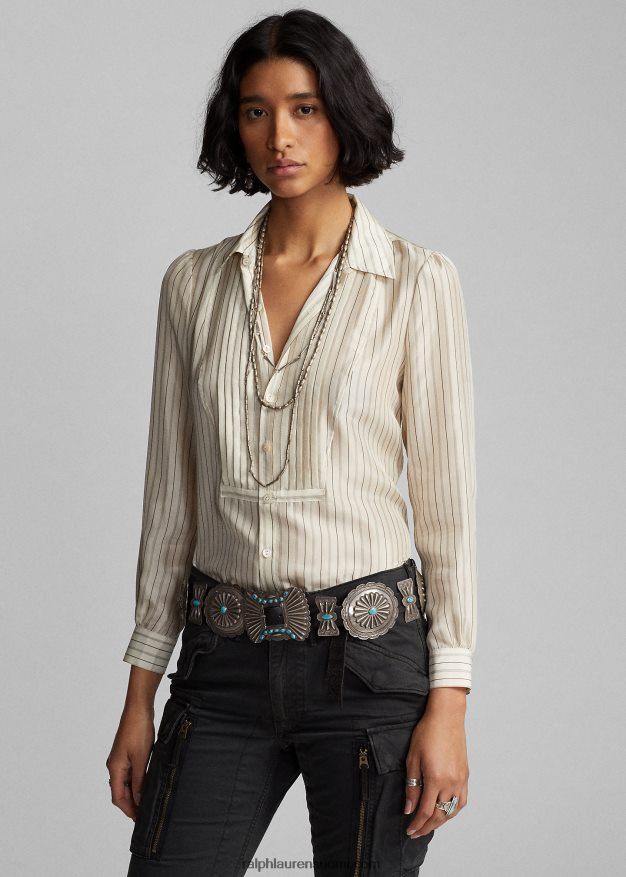 Ralph Lauren naiset silkkiraidallinen solmittava pusero 0Z24ZR3633 kerma/musta